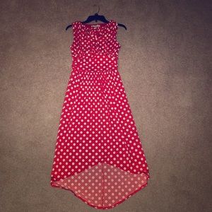 Red silky dress with white polka dots